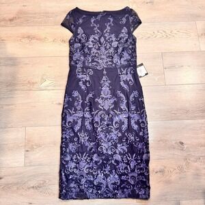 NWT Marina Navy Blue‎ Sequin Lace Sheath Dress Evening Formal Occasion 10 Medium
